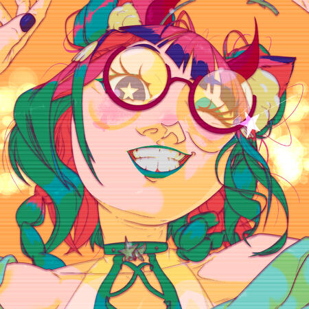 Digital artwork of my VTuber Model Headshot of Fee's VTuber model. They have brightly coloured hair in teal, purple, and pink, cat ears, and reddish pink horns. The model has one purple eye and one reddish pink, and it wearing a purple top with dark teal accents and a light green jacket.