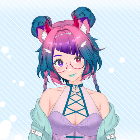 VTuber model head shot Headshot of Fee's VTuber model. They have brightly coloured hair in teal, purple, and pink, cat ears, and reddish pink horns. The model has one purple eye and one reddish pink, and it wearing a purple top with dark teal accents and a light green jacket.