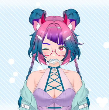 VTuber model head shot with fish in mouth Headshot of Fee's VTuber model. It's the same model as the main page image, but this time is posed with head tilted forward and looking up with one eye winking. There's a tiny fish in their mouth.