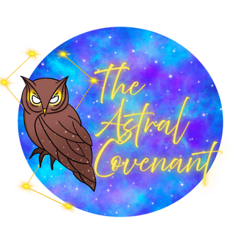 A brown owl with glowing eyes surrounded by golden stars in a constellation. Text reads, The Astral Covenant. Image has a starry sky background.