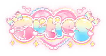 Cuties Cuties written in yellow, pink and blue bubble letters. Adorned with bows, hearts, and pearls. Large pink heart in the background.