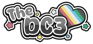 The DC3 The words, The DC3, in bubble letters, surrounded by colourful stars. Heart with disability pride flag on the right.