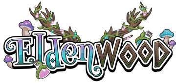 The word Eldenwood with a pair of wooden antlers growing out. Elden is in a magical font with mushrooms and wood looks like mossy wood.