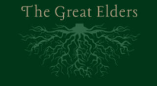 Green box with lighter green image of tree roots. Text says The Great Elders.