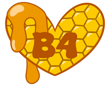 A golden heart with honeycomb pattern and honey on one corner. Letter B and number 4 in the middle.