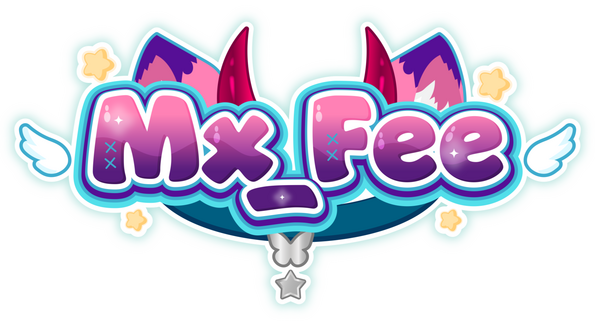 Mx_Fee Logo Logo for VTuber Mx_Fee. It features bubble letters in pink and purpled and outlined in white and teal which read Mx_Fee. There's cherry red horns and pink and purple cat ears above the text, cute white angel wings on the left and right side, 4 yellow stars
